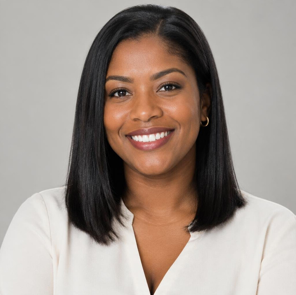 Studio portrait of a Brazilian woman with straight hair smiling